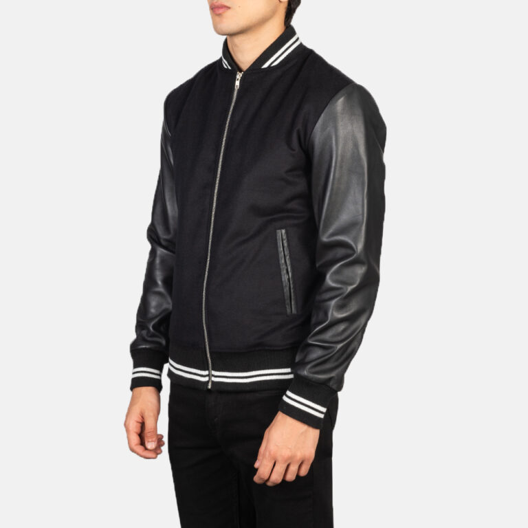 Harrison Black Hybrid Varsity Jacket Side Pose-3-1634136661876